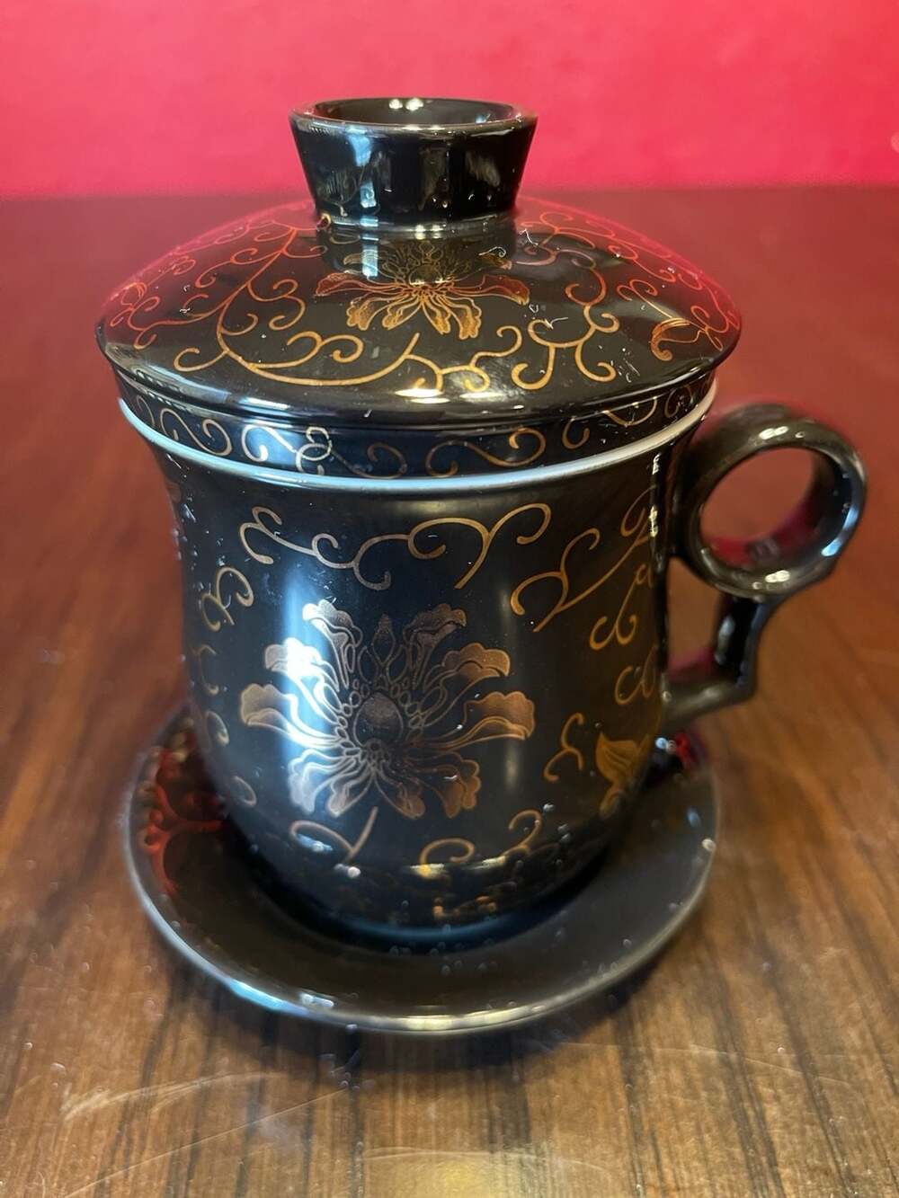 Black and Gold Floral Tea Cup with Lid and Saucer